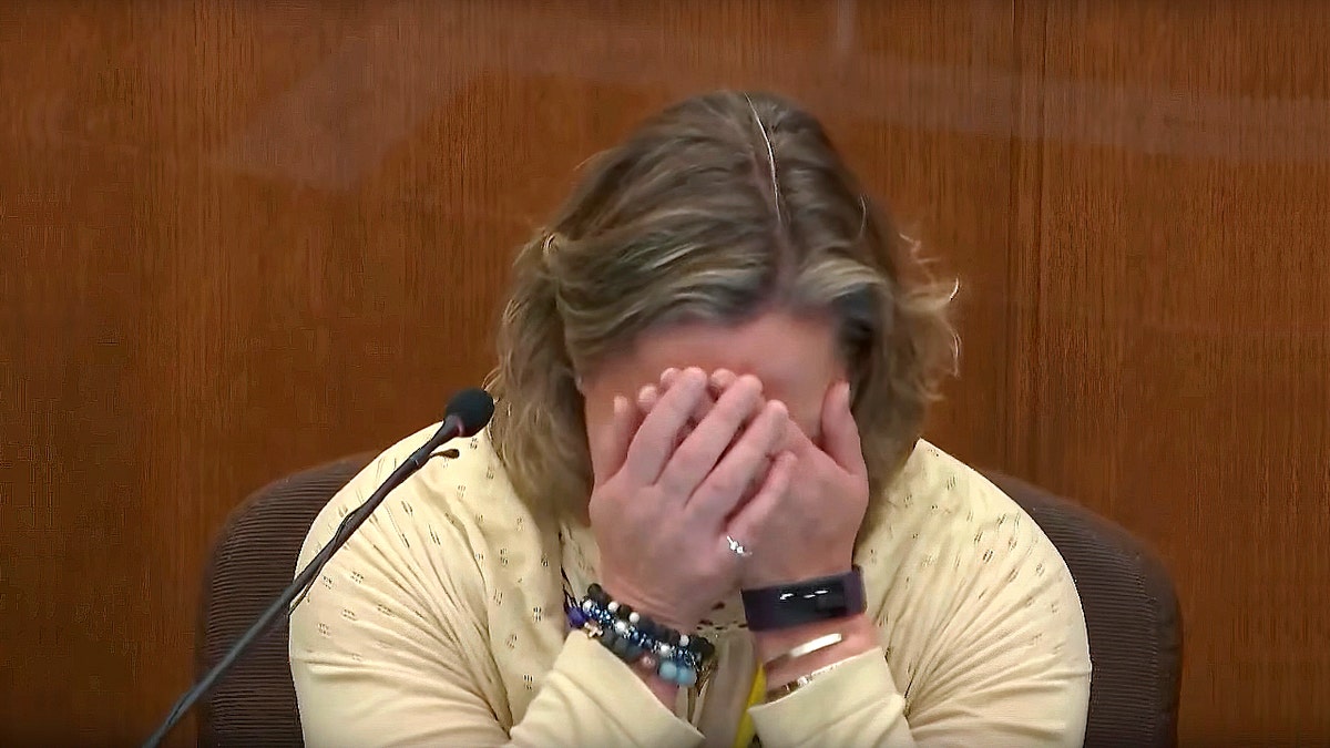 In this screen grab from video, former Brooklyn Center Police Officer Kim Potter becomes emotional as she testifies in court, Friday, Dec. 17, 2021 at the Hennepin County Courthouse in Minneapolis, Minn.