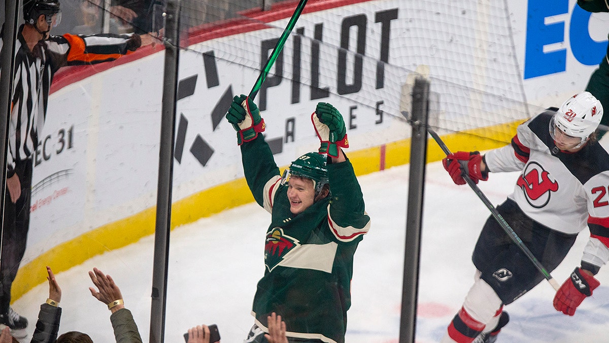 Kirill Kaprizov celebrates a goal