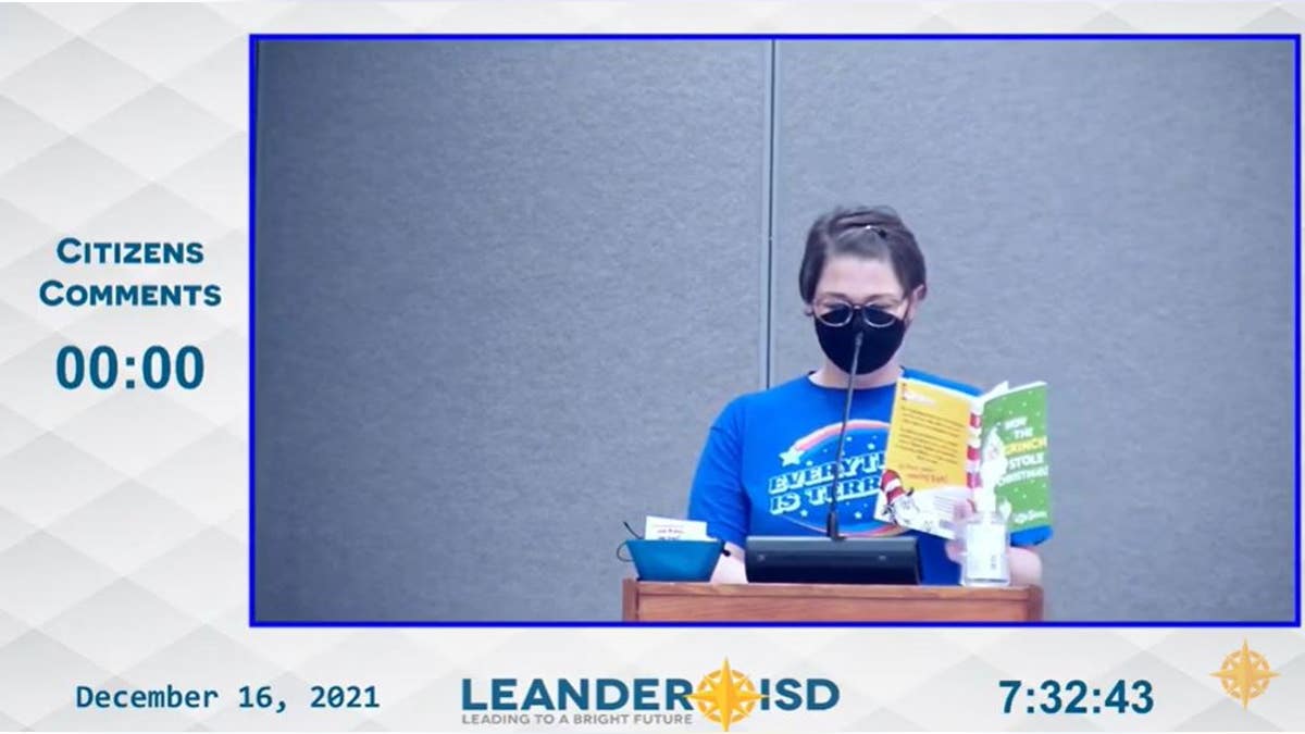 Krista Tyler speaks at a Leander ISD school board meeting.