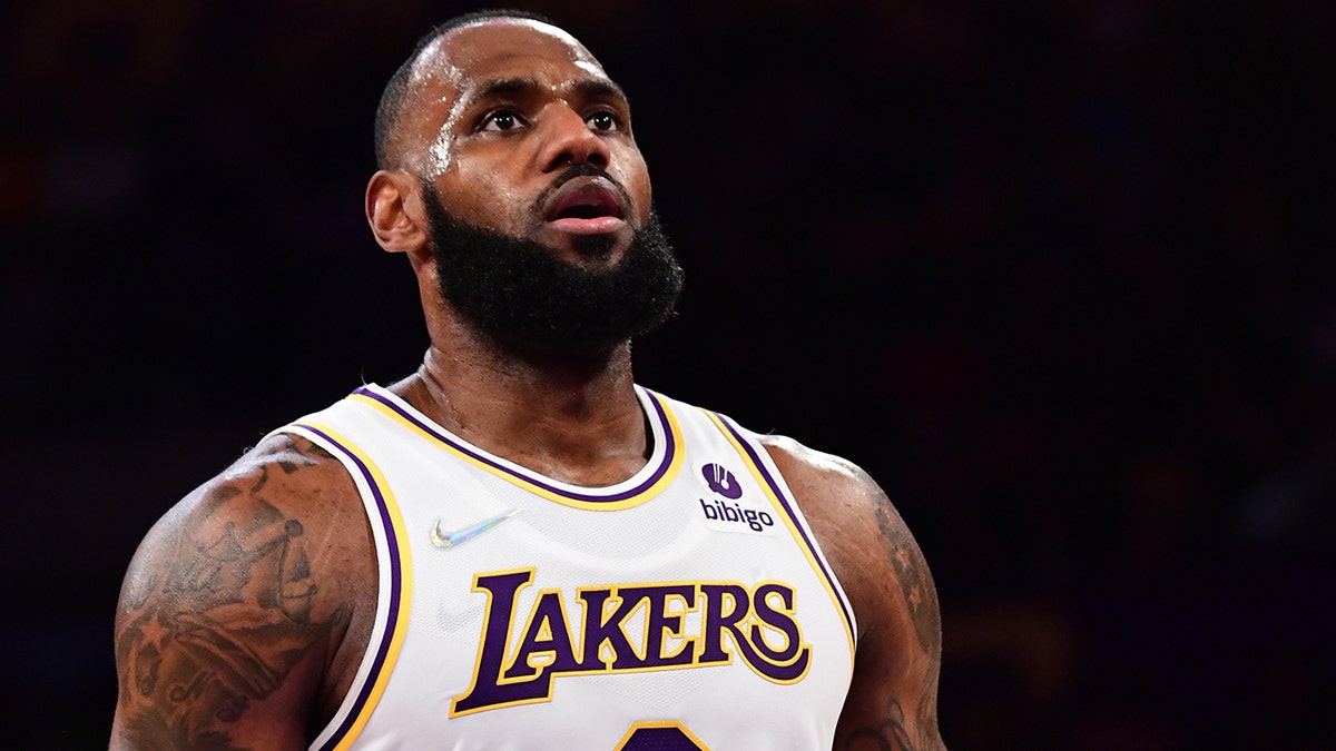 LeBron James of the Los Angeles Lakers shoots a free throw during the game against the Detroit Pistons on Nov. 28, 2021, at Staples Center in Los Angeles, California.