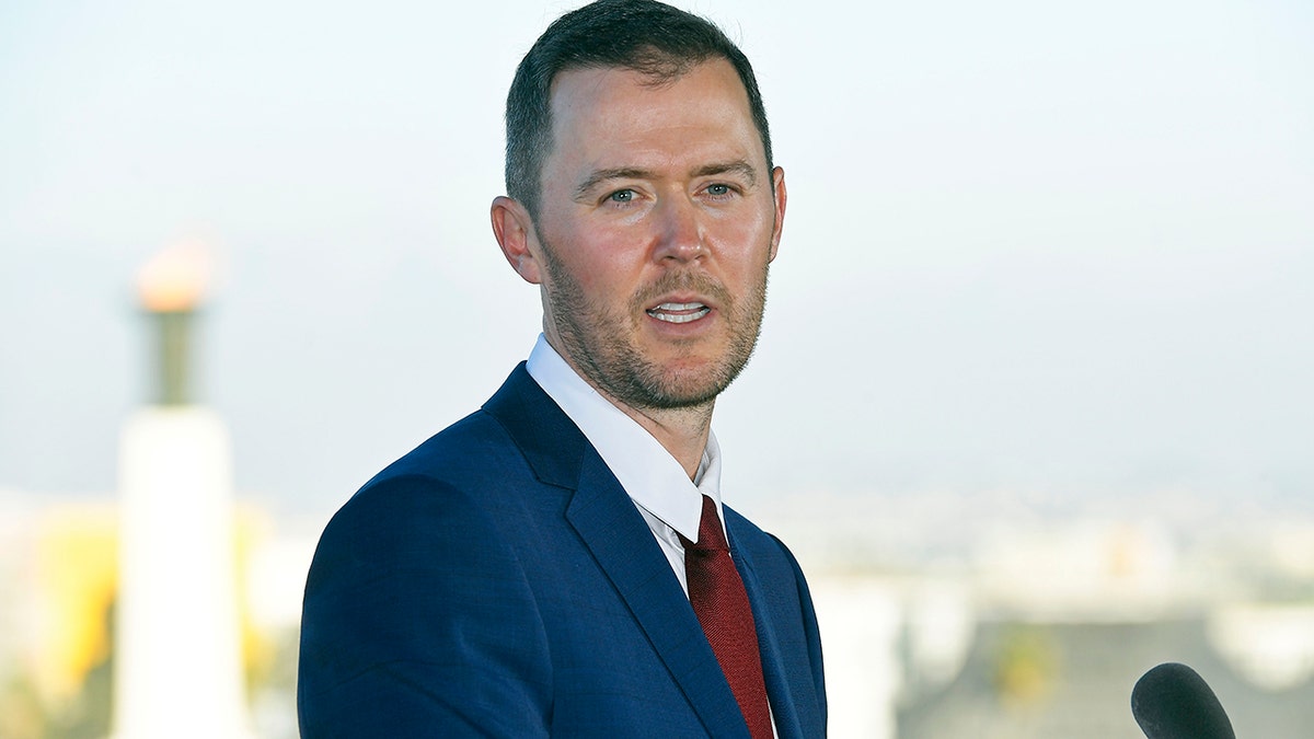 New USC football head coach Lincoln Riley speaks at a news conference in the 1923 Club at the Los Angeles Coliseum Nov. 29, 2021.