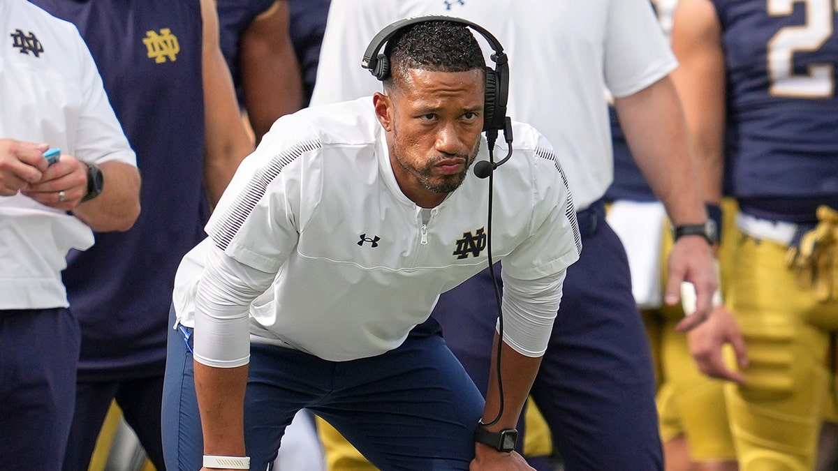 Notre Dame Fighting Irish linebackers coach Marcus Freeman looks on during a game against the Cincinnati Bearcats Oct. 2, 2021, in South Bend, Ind.
