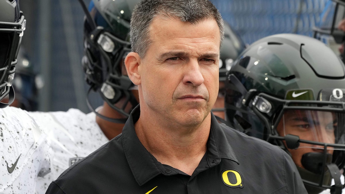 Oregon Ducks head coach Mario Cristobal reacts against the UCLA Bruins in the first half Oct. 23, 2021, at the Rose Bowl in Pasadena, California.