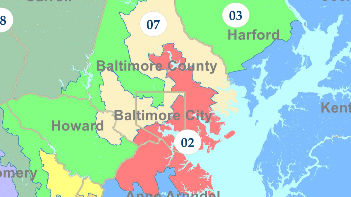 An image of the three Baltimore City congressional districts in the Maryland Legislative Redistricting Advisory Committee's final proposed map. 