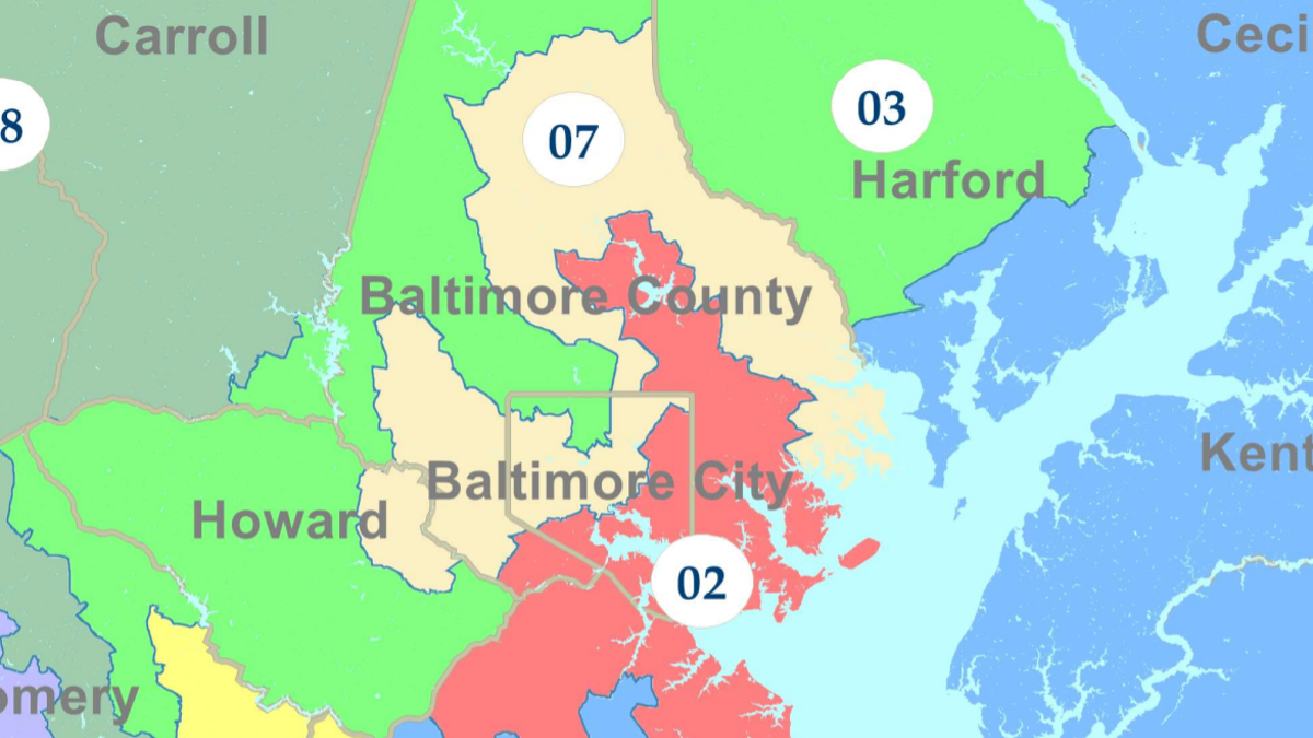 An image of the three Baltimore City congressional districts in the Maryland Legislative Redistricting Advisory Committee's final proposed map. 