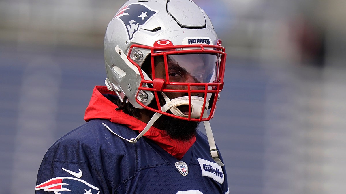 New England Patriots outside linebacker Matt Judon warms up during a practice Wednesday, Dec. 15, 2021, in Foxborough, Mass.