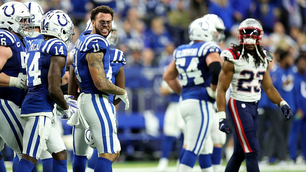 Michael Pittman (11) of the Indianapolis Colts reacts after an altercation during the third quarter against the New England Patriots at Lucas Oil Stadium Dec. 18, 2021, in Indianapolis.