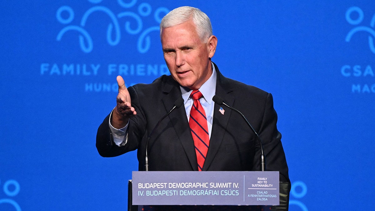 Former Vice President Mike Pence gives a speech on the stage of the Varkert Bazar cultural centre in Budapest on Sept. 23, 2021, during the fourth demographic summit.