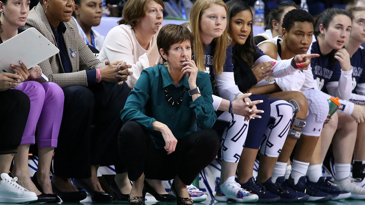 GREENSBORO, NC - MARCH 04: Head coach Muffet McGraw of Notre Dame University during a game between Pitt and Notre Dame at Greensboro Coliseum on March 04, 2020 in Greensboro, North Carolina.