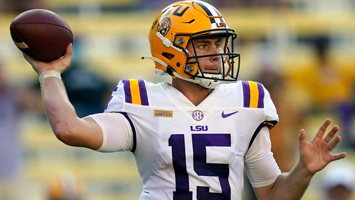 FILE - LSU quarterback Myles Brennan passes in the second half an NCAA college football game against Mississippi State in Baton Rouge, La., Sept. 26, 2020. Brennan has decided to exit the transfer portal and return to LSU under new head coach Brian Kelly.