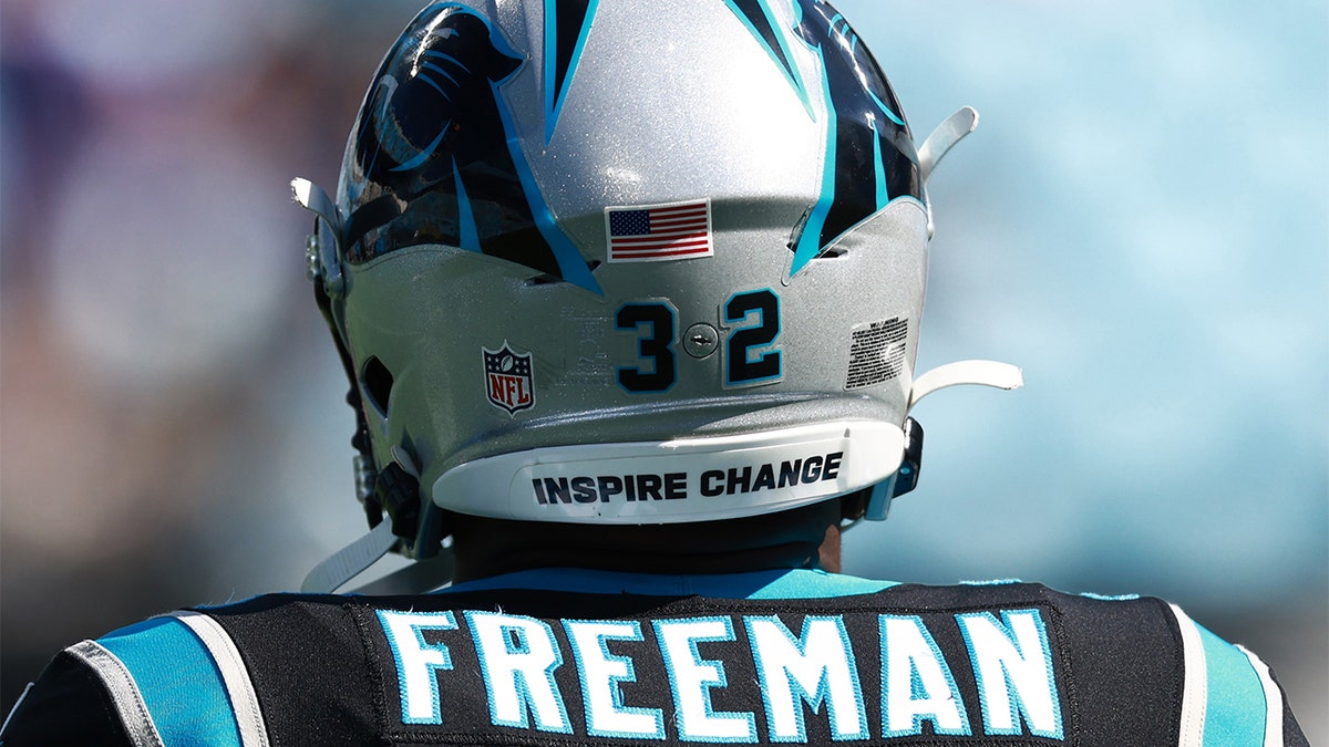 The helmet of Royce Freeman #32 of the Carolina Panthers reads, "Inspire Change" during warm ups prior to the game against the Minnesota Vikings at Bank of America Stadium on Oct. 17, 2021 in Charlotte, North Carolina.