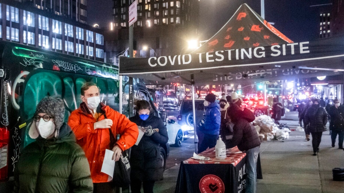 People wait on line to get tested for COVID in the Lower East Side on Tuesday, Dec. 21, 2021, in New York. (AP Photo/Brittainy Newman)