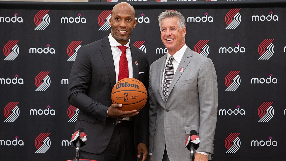 Chauncey Billups is introduced as the new head coach of the Portland Trail Blazers by Portland Trail Blazer General Manager Neil Olshey at the team's at the team's practice facility in Portland, Oregon.