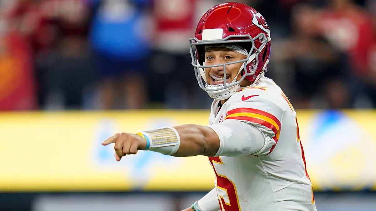 Kansas City Chiefs quarterback Patrick Mahomes reacts during the first half of an NFL football game against the Los Angeles Chargers, Thursday, Dec. 16, 2021, in Inglewood, Calif.