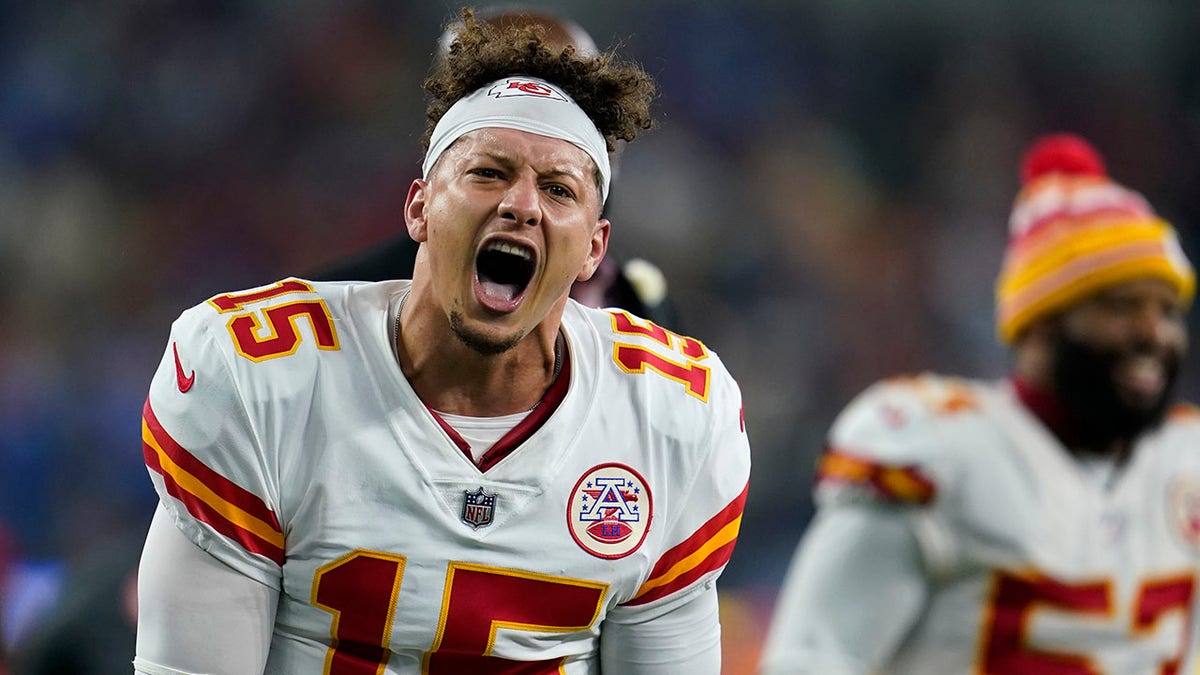 Kansas City Chiefs quarterback Patrick Mahomes celebrates after defeating the Los Angeles Chargers in an NFL football game Thursday, Dec. 16, 2021, in Inglewood, Calif. The Chiefs won 34-28.