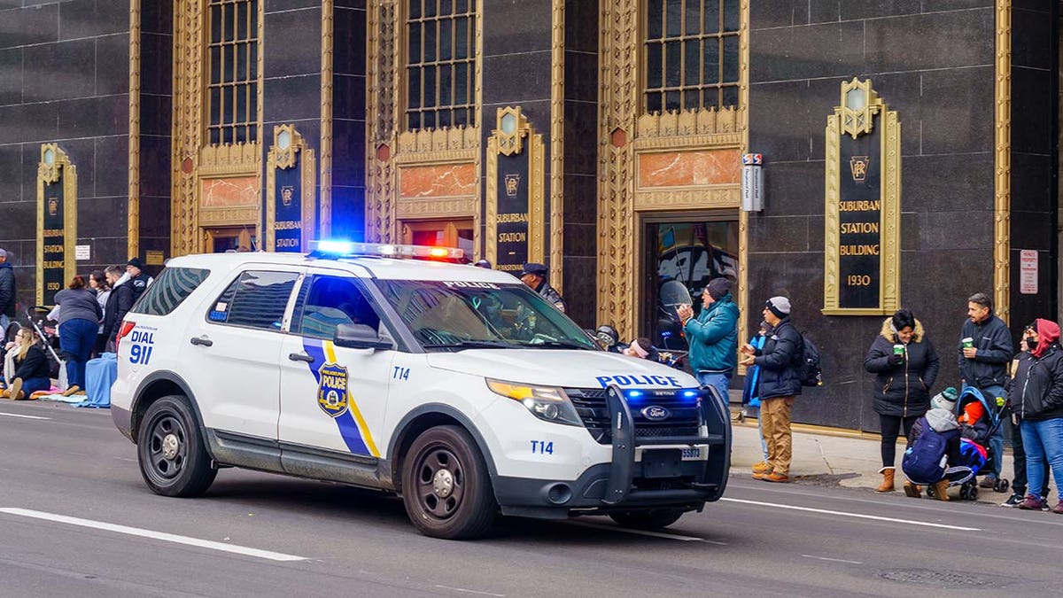 Philadelphia police car with lights activated