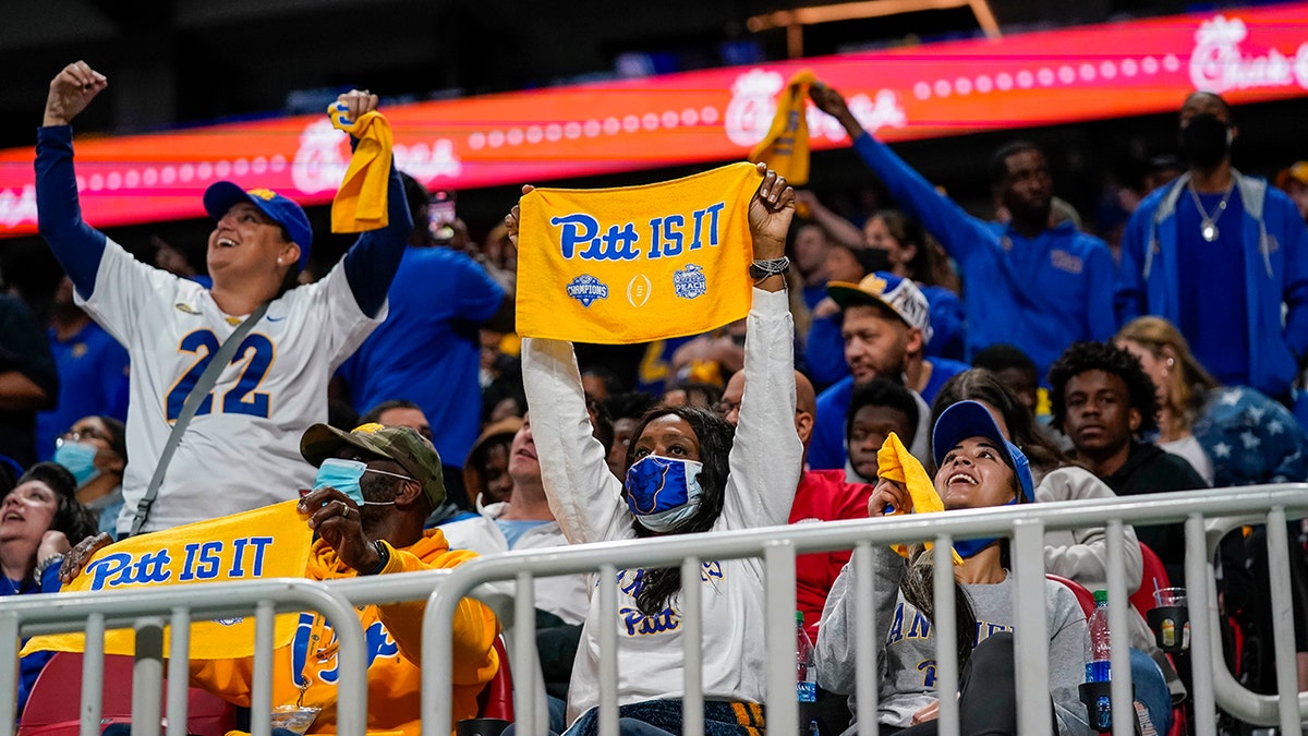 Dec 30, 2021; Atlanta, GA, USA; Pittsburgh Panthers fans react in the stands during the game against the Michigan State Spartans during the second half at Mercedes-Benz Stadium.