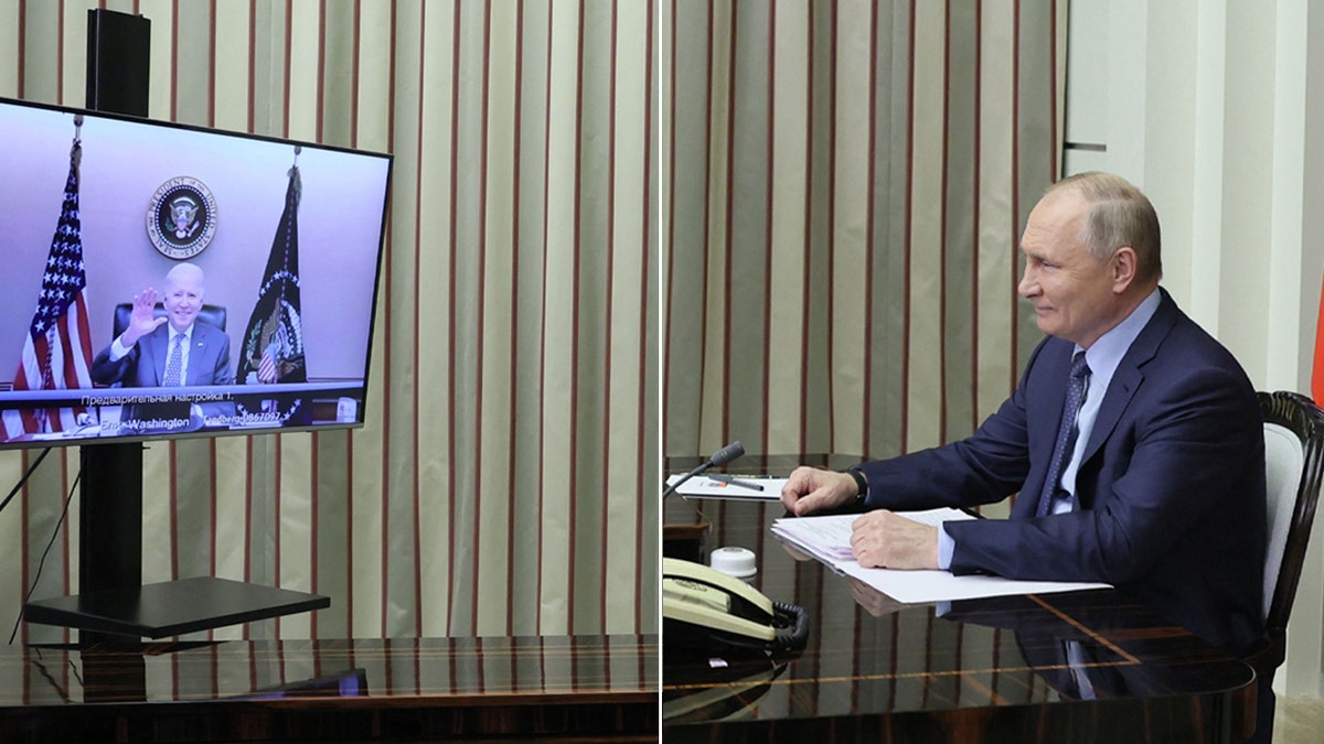 Russian President Vladimir Putin attends a meeting with US President Joe Biden via a video call in the Black Sea resort of Sochi on December 7, 2021.
