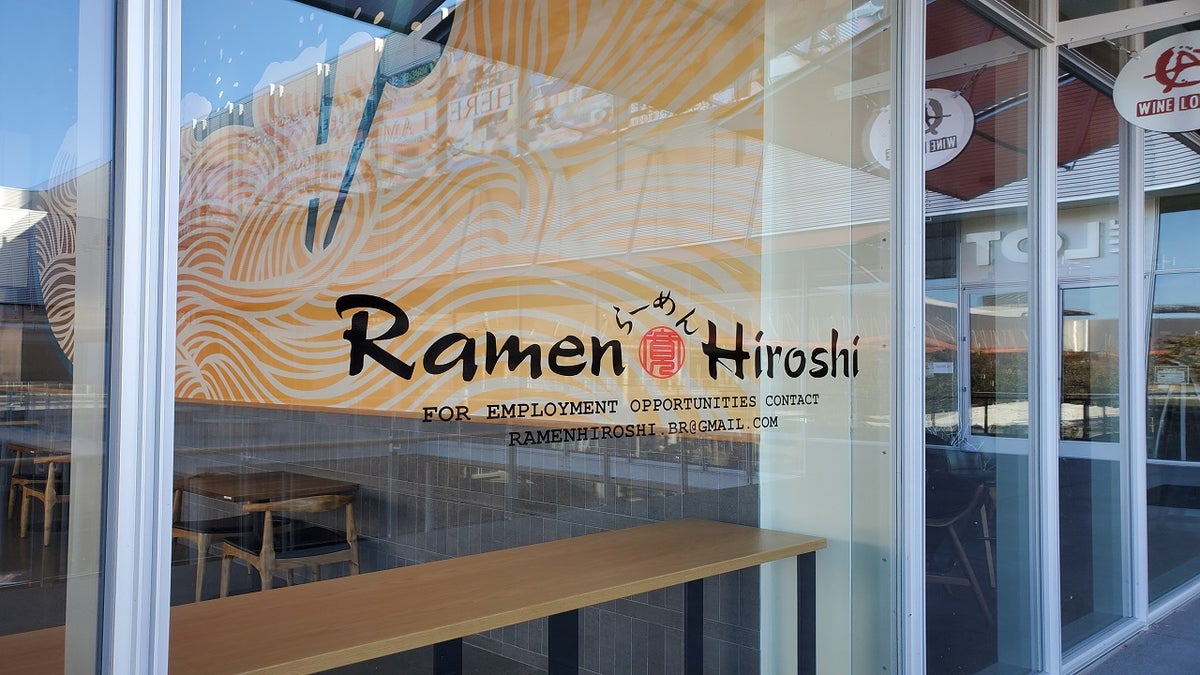 The glass storefront of a Ramen Hiroshi restaurant in San Ramon, Calif. The location set to open in San Francisco reportedly was burglarized over the weekend. 