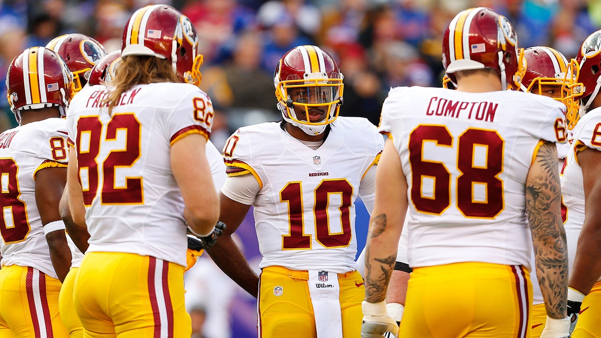 Robert Griffin III (10) of the Washington Redskins in action against the New York Giants on Dec. 14, 2014, at MetLife Stadium in East Rutherford, New Jersey. 