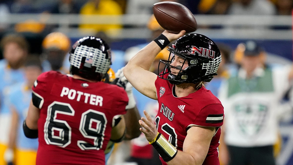 Northern Illinois quarterback Rocky Lombardi throws during the first half against Kent State, Saturday, Dec. 4, 2021, in Detroit.
