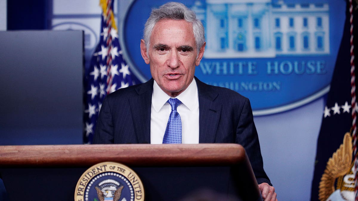 White House pandemic adviser Scott Atlas speaks to reporters during a news conference in the Brady Press Briefing Room at the White House, Sept. 23, 2020.