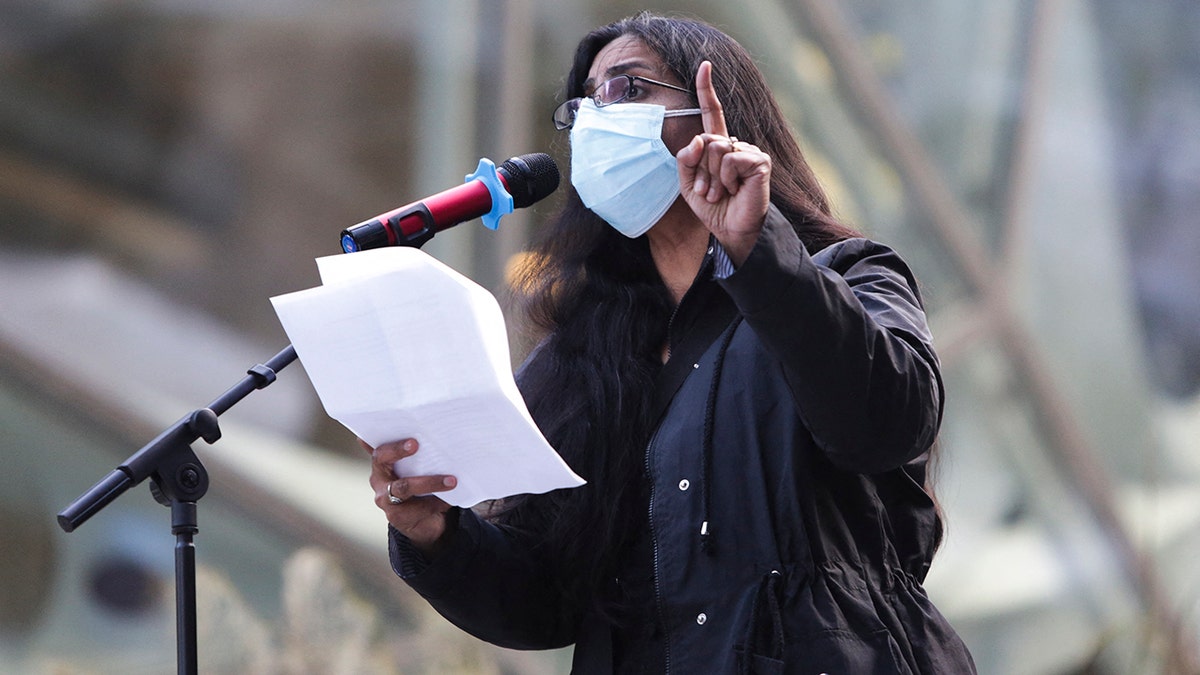 Seattle City Council Member Kshama Sawant speaks during a rally at the Amazon Spheres and headquarters in solidarity with Amazon workers in Bessemer, Alabama, who hope to unionize, in Seattle, Washington on March 26, 2021. 