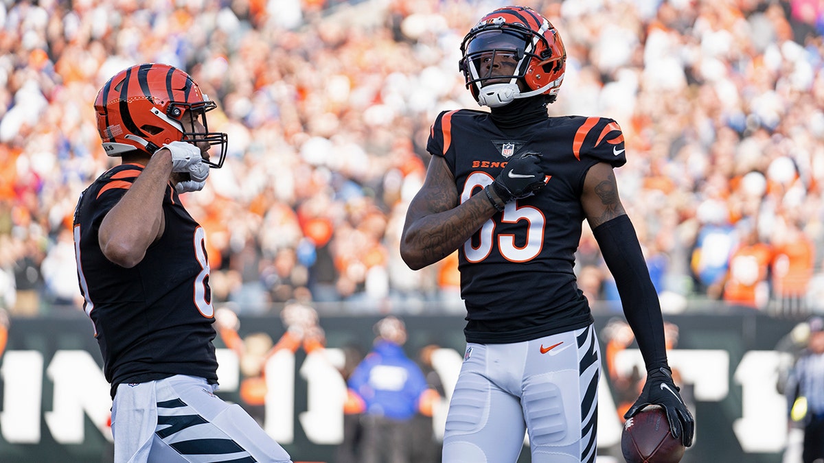 Bengals' Tee Higgins celebrates a touchdown reception against the Los Angeles Chargers, Sunday, Dec. 5, 2021, in Cincinnati.