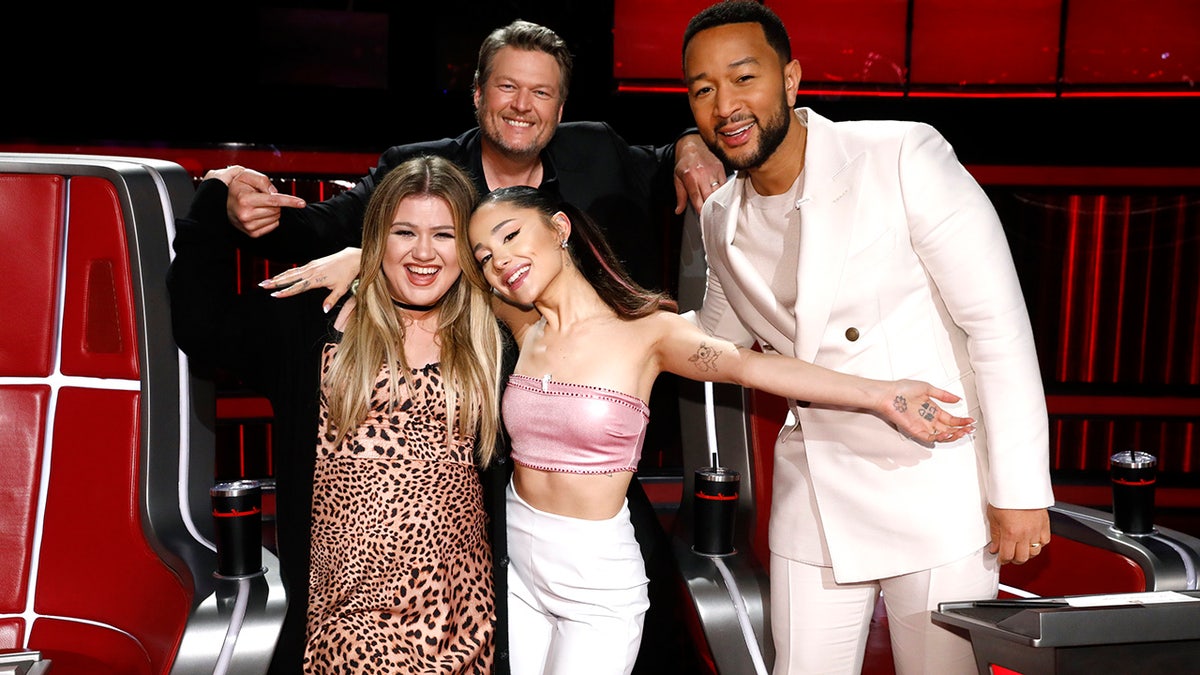 "The Voice" season 21 judges, from left: Kelly Clarkson, Ariana Grande, Blake Shelton and John Legend.