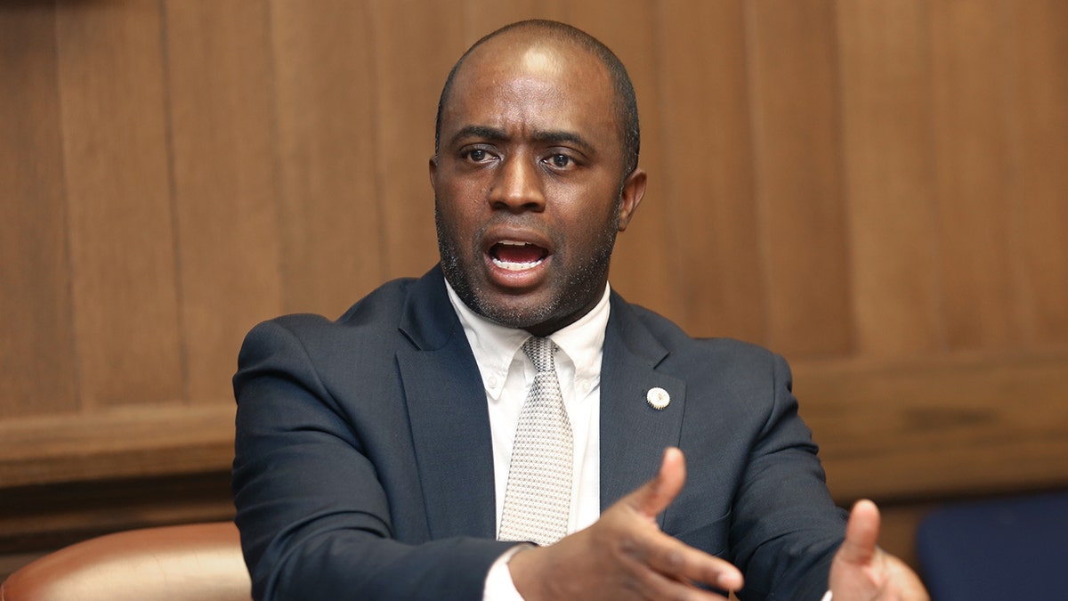 Tony Thurmond, candidate for Superintendent of Public Instruction, speaks at the San Francisco Chronicle on Thursday, March 22, 2018, in San Francisco, Calif. (Photo By Liz Hafalia/The San Francisco Chronicle via Getty Images)
