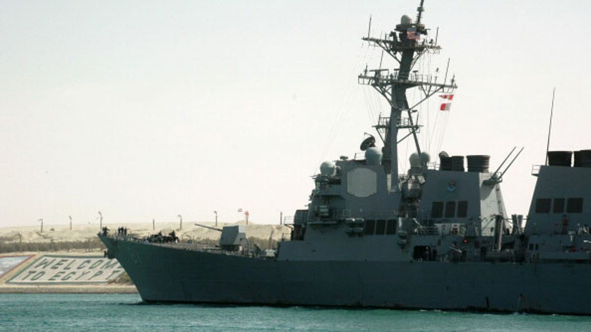 A picture taken on March 8, 2013 shows the American destroyer USS Winston S. Churchill crossing the Suez canal off the coast of Ismailia port city, east of Cairo.