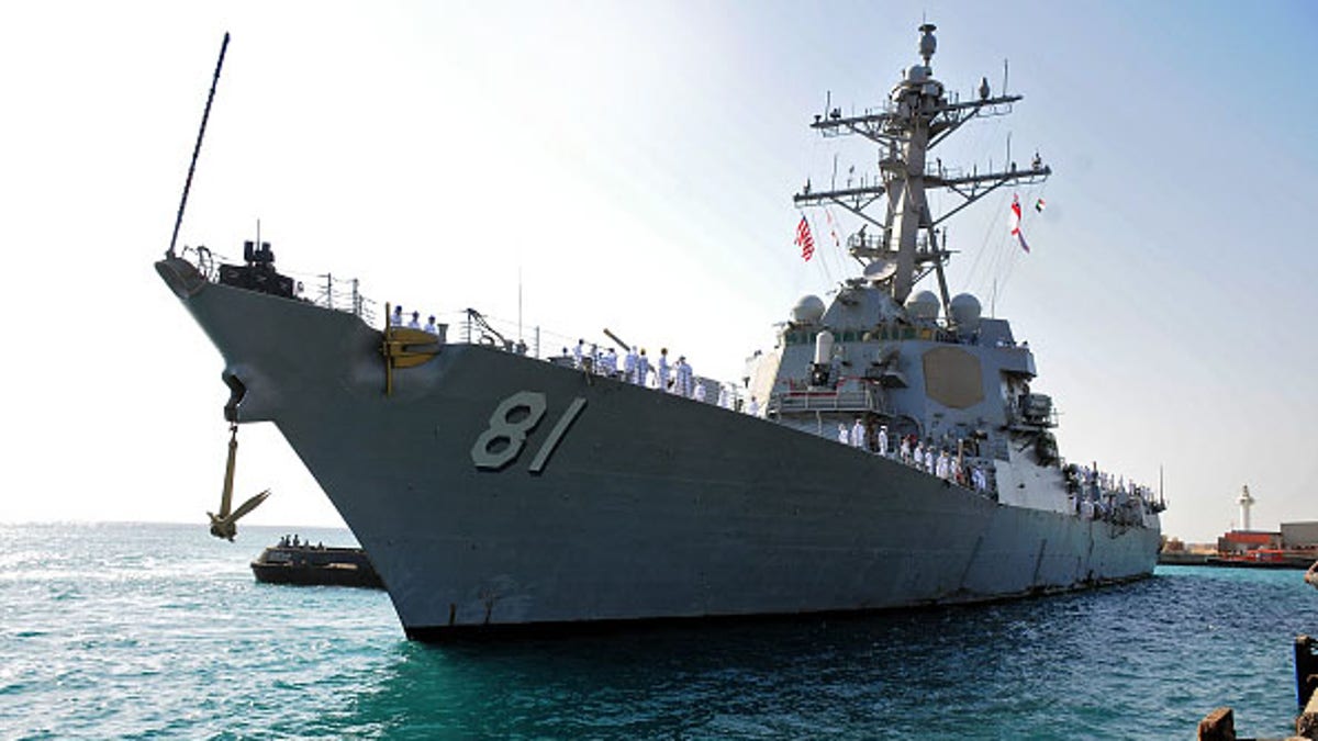 This picture taken on March 1, 2021, shows a view of the US Navy guided-missile destroyer USS Winston S. Churchill (DDG 81) arriving in Port Sudan. 