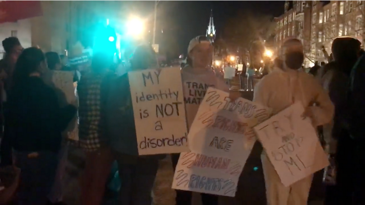 Protesters outside of the venue of a Matt Walsh event in St. Louis.
