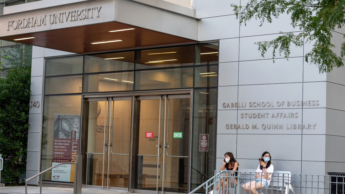Students outside the Gabelli School of Business at Fordham University's Lincoln Center campus