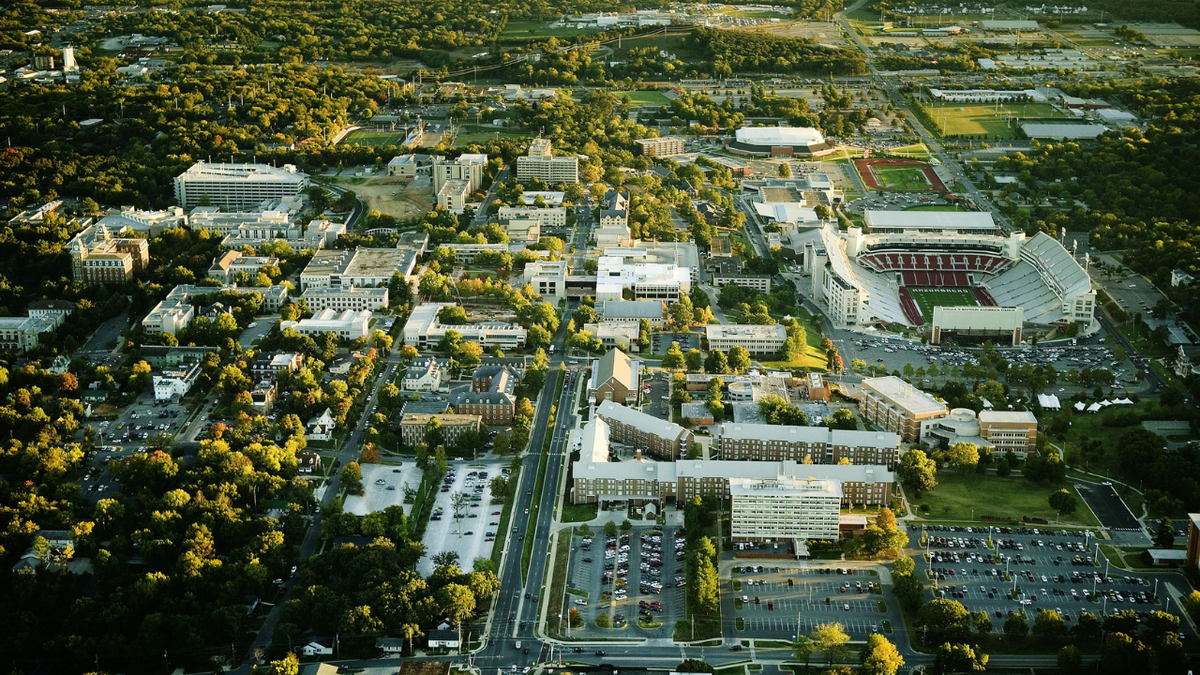An aerial view of the University of Arkansas campus on Oct. 14, 2006, in Fayetteville, Arkansas