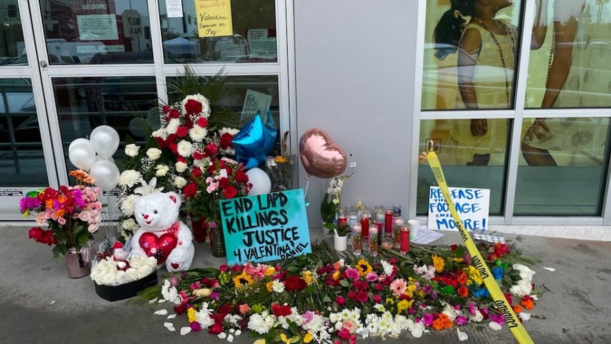 Flowers sit in from of a Burlington Coat Factory in North Hollywood where a suspect and Valentina Orellana-Peralta were killed by police bullets. Investigators believe Orellana-Peralta was accidentally struck while in a dressing room.