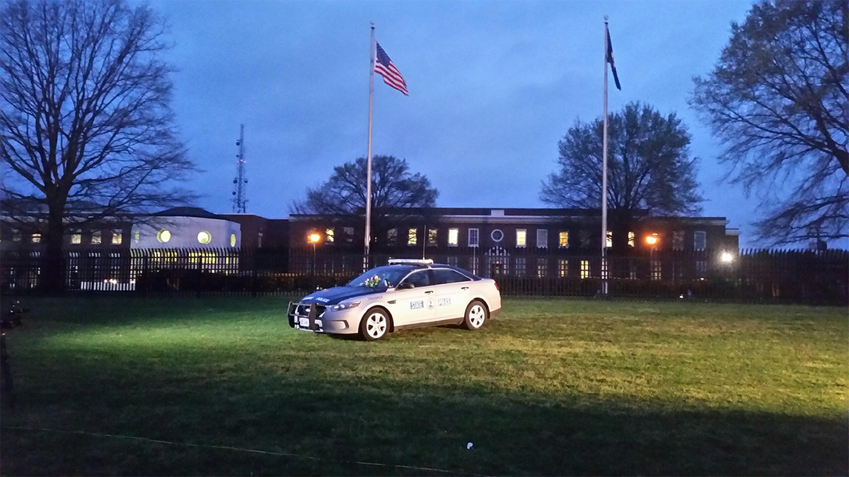 Trooper Chad Dermyer's patrol car sits on display in front of the Virginia State Police Administrative Headquarters in North Chesterfield County, in this undated handout photo provided by the Virginia State Police, April 1, 2016.