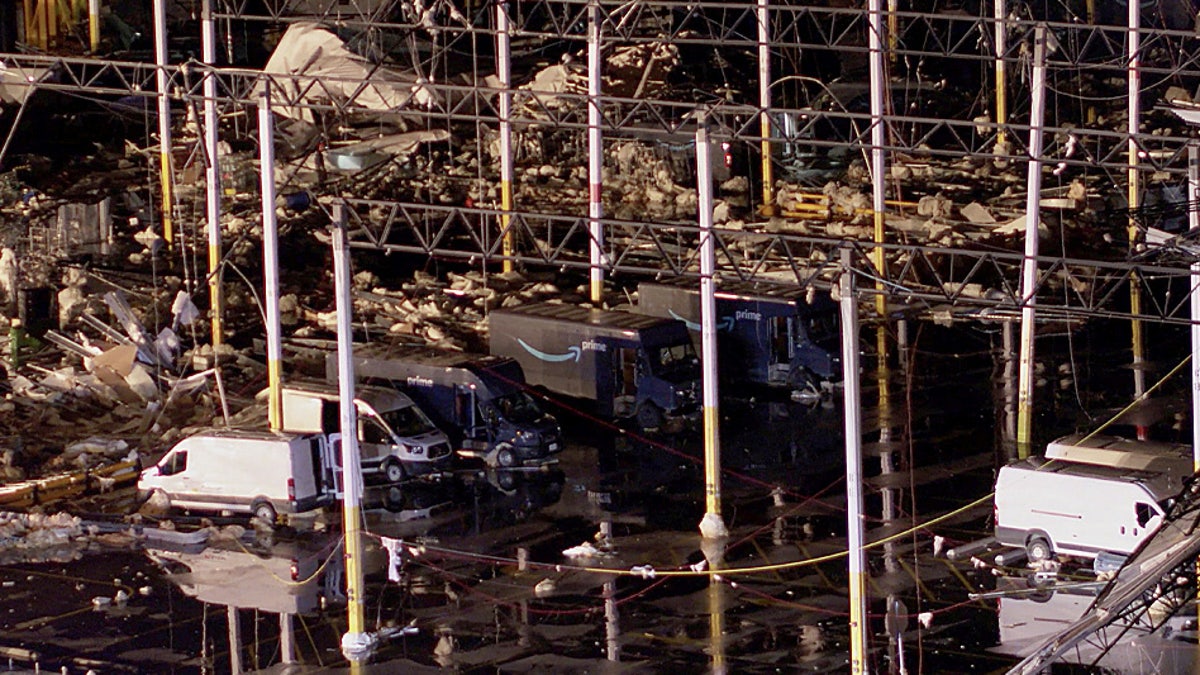View of the damage at an Amazon.com, Inc warehouse after a tornado passed through Edwardsville, Illinois, U.S., December 10, 2021 in this still image taken from drone video obtained on December 11, 2021. Chris Phillips/Maverick Media Group, LLC via REUTERS THIS IMAGE HAS BEEN SUPPLIED BY A THIRD PARTY. MANDATORY CREDIT
