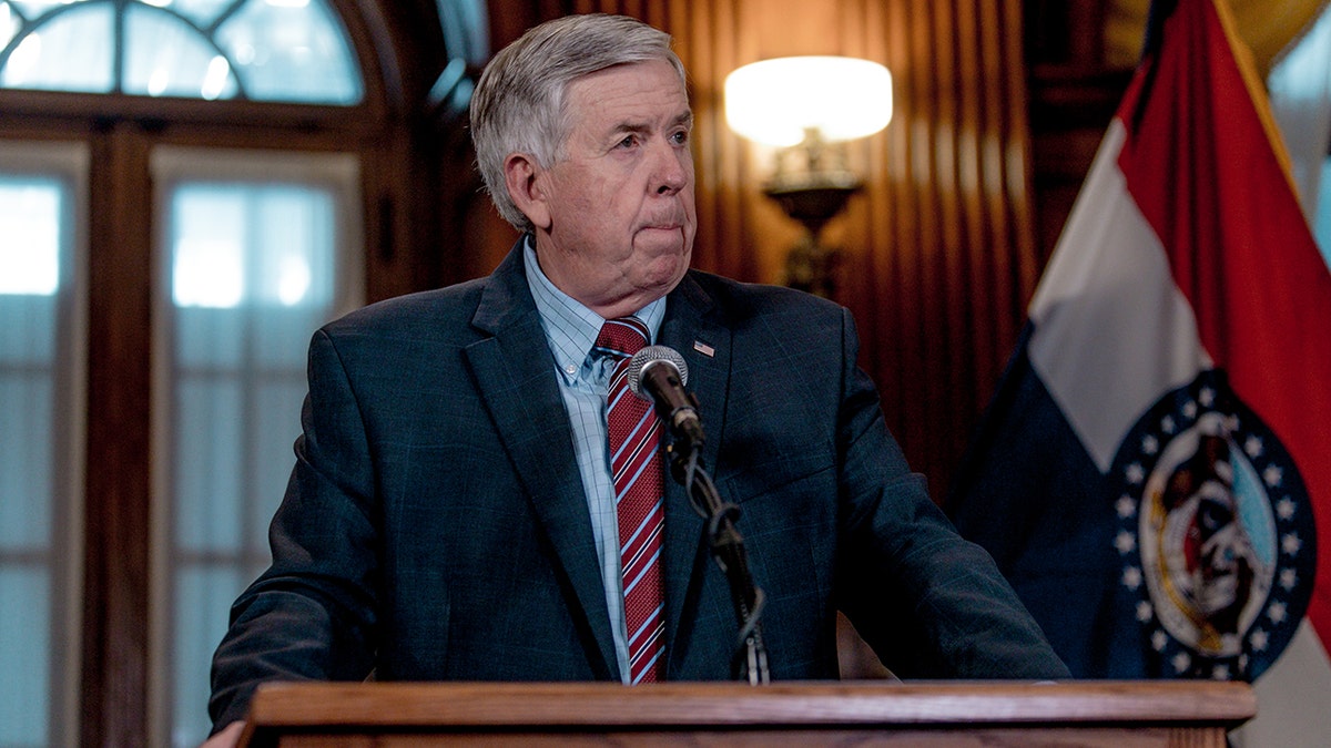Gov. Mike Parson listens to a media question during a press conference to discuss the status of license renewal for the St. Louis Planned Parenthood facility on May 29, 2019, in Jefferson City, Missouri.