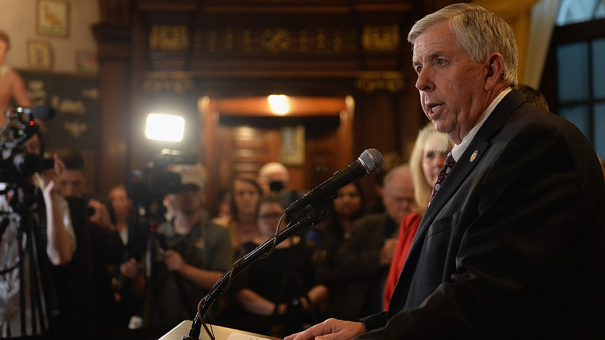 Parson addresses the media at the Missouri State Capitol Building on May 17, 2019, in Jefferson City, Missouri.