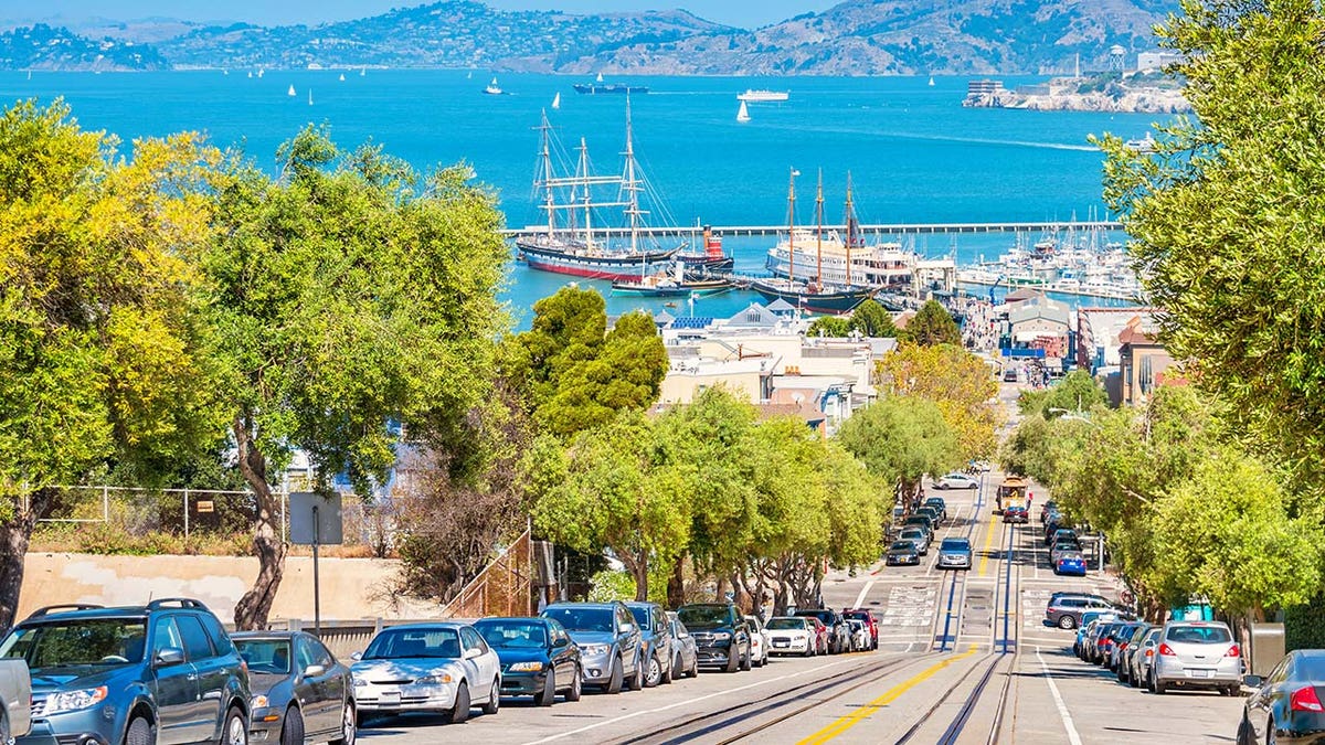 Hyde street and San Francisco Bay in San Francisco California USA on a sunny day.