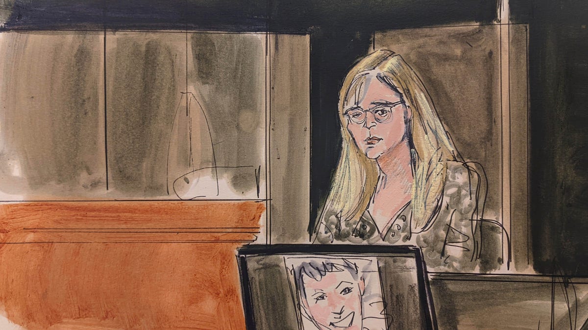 In this courtroom sketch, Annie Farmer testifies on the witness stand during the Ghislaine Maxwell sex abuse trial