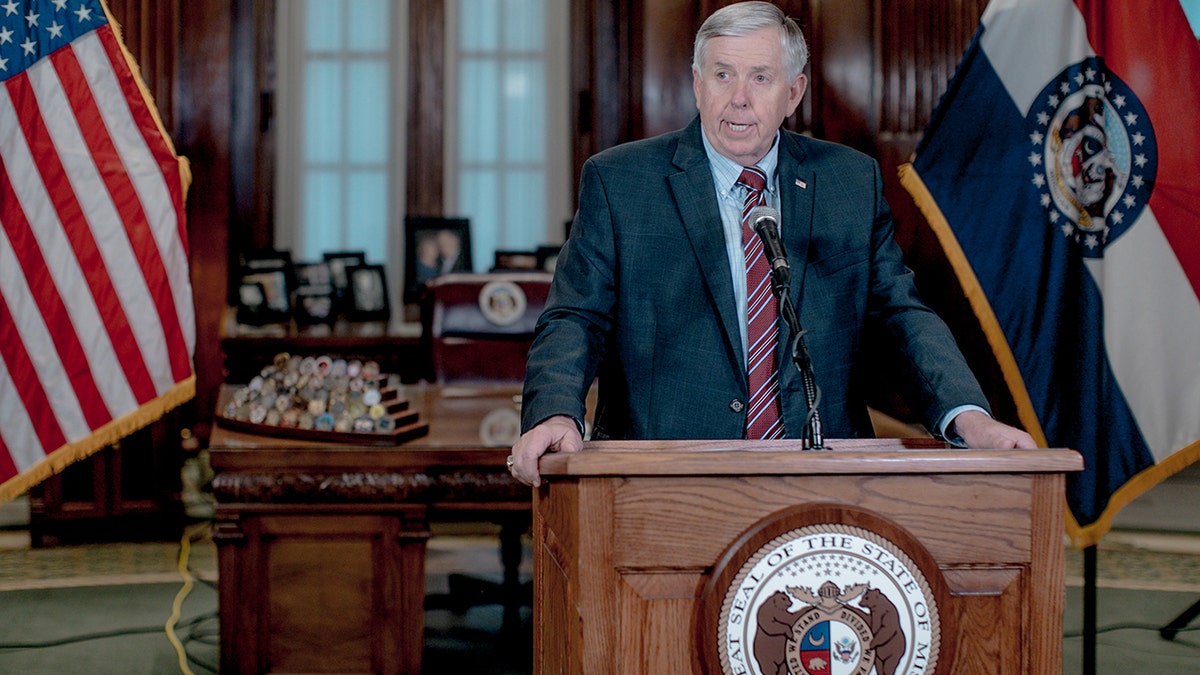 Gov. Mike Parson speaks during a press conference to discuss the status of license renewal for the St. Louis Planned Parenthood facility on May 29, 2019 in Jefferson City, Missouri.