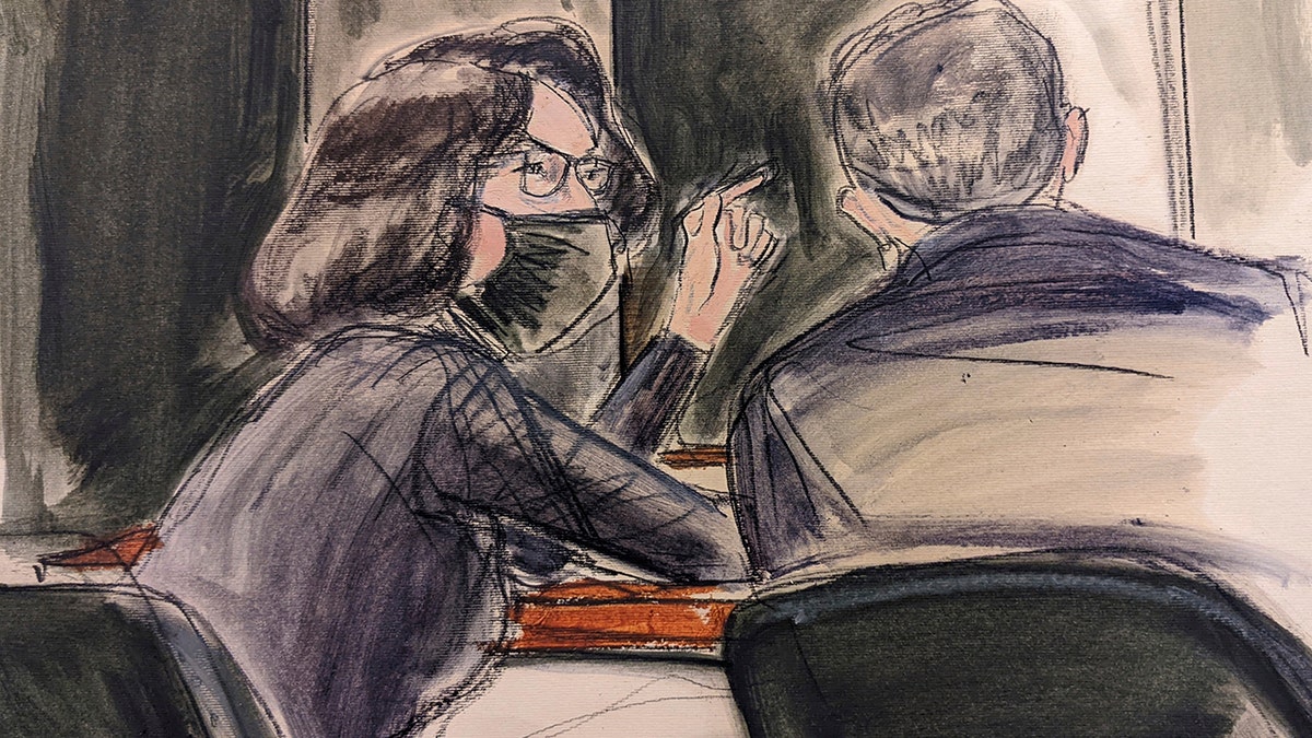 In this sketch, Ghislaine Maxwell, seated left speaks to her defense attorney Christian Everdell