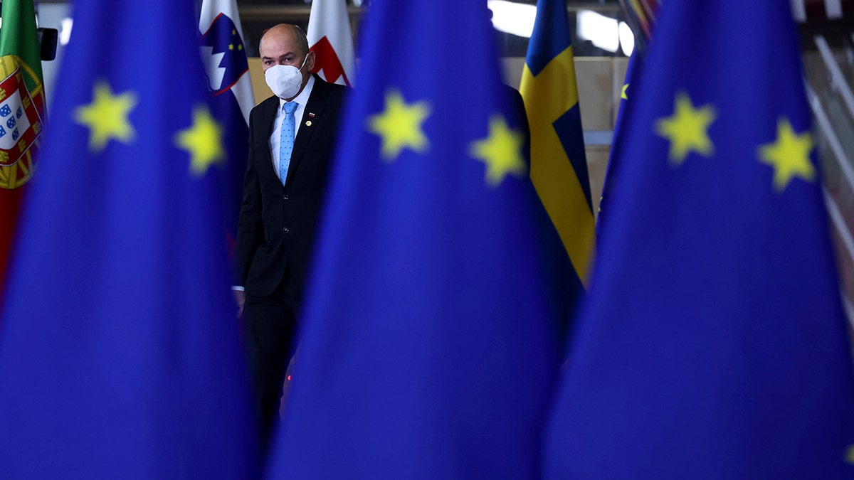 Slovenia's Prime Minister Janez Jansa arrives for an EU Summit at the European Council building in Brussels, Thursday, Dec. 16, 2021.