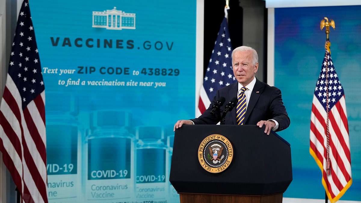 President Biden speaks in the South Court Auditorium on the White House campus Oct. 14, 2021, in Washington, D.C. 