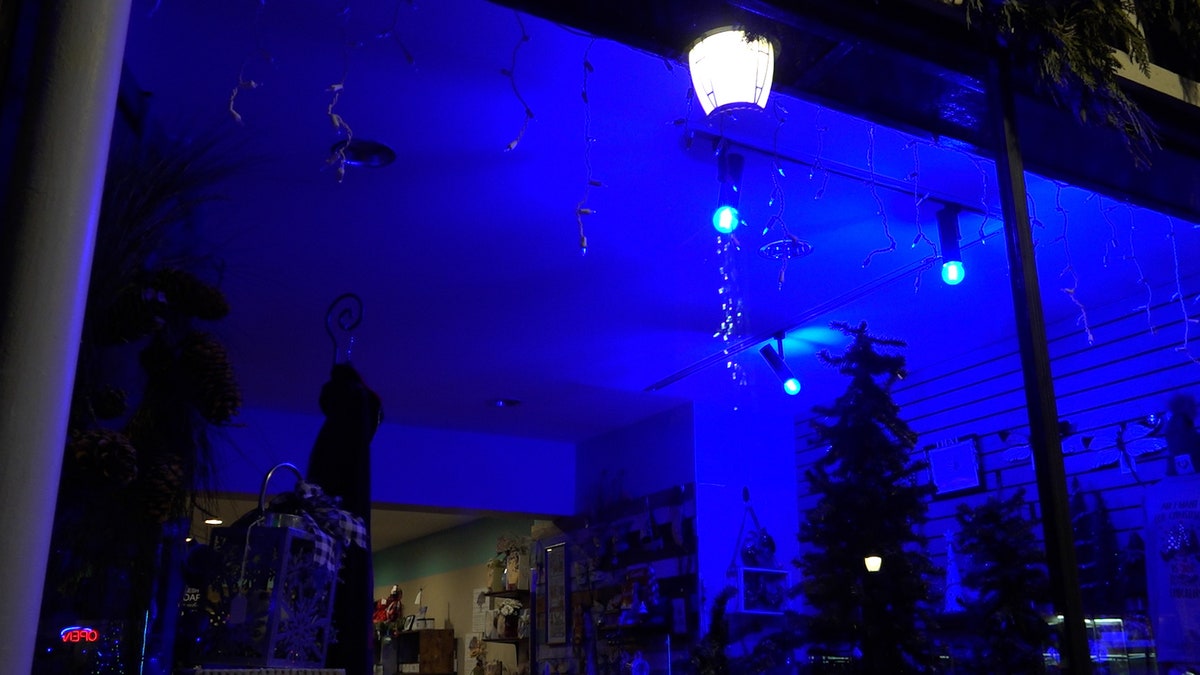 One of many small businesses with blue lights lit in Waukesha.