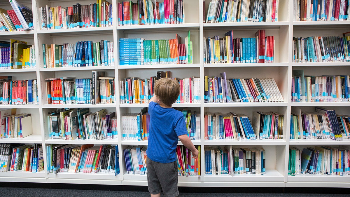 a boy in a library looking at books