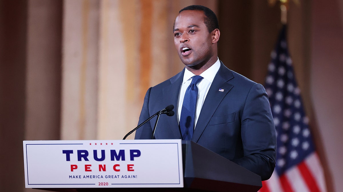 Kentucky Attorney General Daniel Cameron stands on stage in an empty Mellon Auditorium while addressing the Republican National Convention on Aug. 25, 2020 in Washington, D.C. 