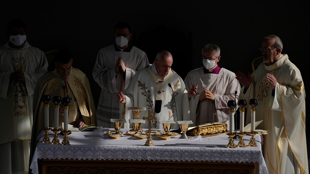 Pope Francis leads a holy mass at GSP stadium in Nicosia, Cyprus, Friday, Dec. 3, 2021.